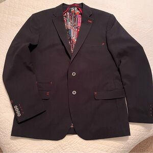 AU NOIR Men's Black Blazer Sport Coat with Colorful Japanese Print Lining 46R